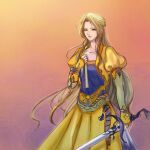  1girl aerith_gainsborough blue_shirt breasts brown_hair celes_chere celes_chere_(cosplay) collarbone cosplay cow final_fantasy final_fantasy_vii gradient_background half-closed_eyes hand_on_own_chest headpiece holding holding_sword holding_weapon jacket juliet_sleeves light_smile long_hair long_skirt long_sleeves medium_breasts orange_background parted_bangs puffy_sleeves sash shirt sidelocks skirt solo sword waist_sash wavy_hair weapon ws_alte yellow_jacket yellow_skirt 