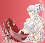  bad_id bad_pixiv_id bow fujiwara_no_mokou hair_bow highres navel pink_background poruhi sarashi sitting solo topless touhou 