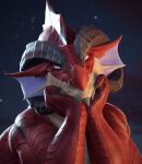 2025 3d_(artwork) absurd_res alternate_species blender_(artwork) blender_cycles blurred_background bokeh claws digital_media_(artwork) dragon dragon_(dnd) dungeons_and_dragons female feral hand_on_head hasbro hi_res horn ivorylagiacrus looking_at_viewer melissa_belladonna membrane_(anatomy) multicolored_body multicolored_scales mythological_creature mythological_scalie mythology night outside portrait pupils red_body red_dragon_(dnd) red_scales scales scalie sharp_teeth sky slit_pupils smile solo star starry_sky teeth two_tone_body two_tone_scales white_eyes wizards_of_the_coast yellow_body yellow_scales