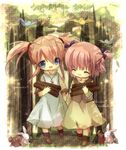  2girls alicia_combatir animal bird blue_eyes bunny character_name copyright_name dress eyes_closed long_hair multiple_girls open_mouth pink_hair presea_combatir rabbit shoes short_hair siblings smile squirrel tales_of_(series) tales_of_symphonia title_drop twintails wood young younger yukiyukidaihuku 