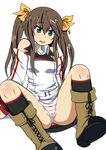  bare_shoulders blush boots bow bow_panties brown_hair comord cross-laced_footwear fang green_eyes highres huang_lingyin infinite_stratos panties pantyshot pantyshot_(sitting) pink_panties sitting solo striped striped_panties sweat twintails underwear uniform 