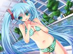  aqua_hair bikini blush breasts cleavage dutch_angle green_eyes hatsune_miku highres long_hair medium_breasts navel rankiryuu shiny shiny_skin solo striped striped_bikini swimsuit twintails very_long_hair vocaloid water 