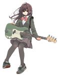  1girl bass_guitar bow brown_eyes brown_hair commentary_request full_body highres holding holding_instrument instrument long_hair matsuda_hikari original pantyhose pleated_skirt precision_bass school_uniform shoes skirt sneakers solo sweater white_background 