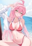  1girl absurdres beach bikini blue_archive blush braid breasts closed_mouth ederh green_eyes hair_between_eyes hanako_(blue_archive) hanako_(swimsuit)_(blue_archive) highres large_breasts long_hair looking_at_viewer navel ocean official_alternate_costume open_clothes open_shirt pink_hair red_bikini shirt smile solo stomach swimsuit white_shirt 