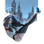  1girl absurdres armpits black_gloves black_shirt black_skirt black_thighhighs blue_boots blue_bow blue_bowtie blue_eyes blue_hair boots bow bowtie breasts brooch chain chain_headband cleavage closed_mouth commentary cropped_shirt detached_sleeves english_commentary frilled_sleeves frills full_body gloves grey_sleeves hair_flaps hair_intakes half-skirt halo heart heart-shaped_gem heart_brooch high_heel_boots high_heels highres hololive hololive_english jewelry juliet_sleeves large_breasts long_sleeves looking_at_viewer miniskirt ouro_kronii ouro_kronii_(1st_costume) pinstripe_pattern pinstripe_shirt pinstripe_skirt puffy_sleeves seventeencrows shirt short_hair skirt smile solo thighhighs veil vest virtual_youtuber white_veil white_vest 