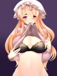  bad_id bad_pixiv_id black_bra blonde_hair blush bra breasts highres lace lace-trimmed_bra large_breasts long_hair looking_at_viewer maribel_hearn mouth_hold navel no_panties red_eyes ribbed_sweater shirt_lift simple_background solo sweat sweater touhou underwear yutazou 