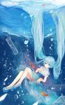  aqua_eyes aqua_hair bubble dress fingerless_gloves fish floating_hair gloves hatsune_miku highres long_hair solo tamaxi test_tube twintails underwater very_long_hair vocaloid 