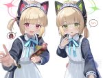  2girls animal_ear_headphones animal_ears apron black_dress blonde_hair blue_archive blue_ribbon cat_ear_headphones cat_ears commentary_request dress fake_animal_ears goma_(u_p) green_eyes green_halo halo headphones highres long_sleeves looking_at_viewer maid maid_apron maid_headdress midori_(blue_archive) midori_(maid)_(blue_archive) momoi_(blue_archive) momoi_(maid)_(blue_archive) multiple_girls neck_ribbon open_mouth pink_eyes pink_halo ribbon short_hair siblings simple_background sisters snack speech_bubble spoken_blush twins twintails watermark white_apron white_background 