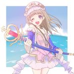 ;d atelier_(series) atelier_totori bad_id bad_pixiv_id blue_sleeves brown_hair dress fire_exit jpeg_artifacts long_hair off_shoulder one_eye_closed open_mouth outside_border purple_eyes smile solo staff totooria_helmold 
