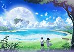 1boy 1girl amemura_(caramelo) barefoot bird black_hair bubble cloud commentary_request couple day dress floating_island flock full_moon hetero leaf moon mountain original outdoors plant scenery short_hair sky tree vocaloid water waterfall white_dress 