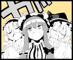  alice_margatroid blush bow capelet closed_eyes crescent hairband hand_on_shoulder hat hat_bow hokuto_(scichil) kirisame_marisa long_hair monochrome multiple_girls open_mouth patchouli_knowledge pointing ribbon short_hair touhou upper_body witch_hat 