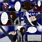 absurd_res anthro axel_grey_(rakoongrey) bow_tie brown_hair circus clothing colored comic duo fingerless_gloves fur gloves grey_body grey_clothing grey_fur hair handwear hi_res hoodie human jason_sutherland kreiser_vii male mammal melee_weapon pale_skin procyonid raccoon speech_bubble suit sword topwear weapon