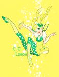  1girl blonde_hair boots bottle bow bubble c.c._lemon c.c._lemon_(character) character_name commentary_request food fruit full_body green_eyes green_pantyhose hagiko hair_bow knee_boots lemon long_hair open_mouth pantyhose photoshop_(medium) polka_dot polka_dot_legwear puffy_sleeves simple_background skirt smile solo twintails yellow_background yellow_skirt 