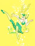  blonde_hair boots bottle bow bubble c.c._lemon c.c._lemon_(character) character_name food fruit full_body green_eyes green_legwear hagiko hair_bow knee_boots lemon long_hair open_mouth pantyhose polka_dot polka_dot_legwear puffy_sleeves simple_background skirt smile solo twintails yellow_background yellow_skirt 