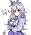 !? ... 2girls :o aged_down animal_ears arms_under_breasts bow bowtie catchphrase crossed_arms curly_hair ear_bow eyes_visible_through_hair green_bow gundam haman_karn highres horse_ears horse_girl horse_tail imitating kawamochi_(tddm3573) long_hair long_sleeves looking_at_viewer mejiro_family_matriarch mejiro_mcqueen_(umamusume) mole mole_under_eye multiple_girls original parted_lips pleated_skirt purple_hair purple_sailor_collar purple_shirt purple_skirt red_eyes revision ringlets sailor_collar sailor_shirt sakakibara_yoshiko school_uniform shirt simple_background sketch skirt speech_bubble spoken_ellipsis tail tracen_school_uniform translated umamusume voice_actor_connection white_bow white_bowtie winter_uniform zeta_gundam 