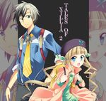  1boy 1girl blue_eyes brown_hair coat copyright_name dress elle_mel_martha hat highres jewelry long_hair ludger_will_kresnik multicolored_hair necklace necktie open_mouth pants short_hair tales_of_(series) tales_of_xillia tales_of_xillia_2 title_drop twintails 