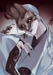  1boy absurdres black_nails black_sclera bridal_gauntlets closed_mouth colored_sclera earrings fingernails fox_mask fox_mask_(silent_hill) grey_lips hahehahemaru hair_over_shoulder hair_tie highres japanese_clothes jewelry light_smile long_fingernails long_hair low_ponytail male_focus mask nail_polish ponytail robe silent_hill_(series) silent_hill_f single_earring slit_pupils solo tassel tassel_earrings twitter_username upper_body white_hair white_robe wide_sleeves 