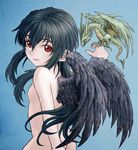  black_hair black_wings dragon feathered_wings flat_chest long_hair looking_back nude original petite red_eyes sekisiki simple_background smile solo wings 