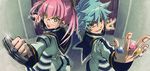  1girl armband ball cuffs glasses handcuffs medaka_box onigase_harigane pink_hair school_uniform u_iii unzen_myouri white_hair yellow_eyes 