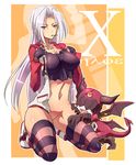  arai_nobu bad_id bad_pixiv_id bottomless breasts child chloe_fleurage dog_tags fang frode_grim-reaper gloves large_breasts long_hair looking_at_viewer navel no_panties original red_eyes shiny shiny_skin silver_hair solo striped striped_legwear tail thighhighs wings 