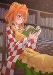  1girl absurdres apron bell blush book bookshelf character_name checkered_clothes checkered_kimono closed_mouth commentary_request commission eyelashes feet_out_of_frame forbidden_scrollery frilled_apron frills glasses green_hakama hair_bell hair_between_eyes hair_intakes hair_ornament hakama happy highres holding holding_book indoors japanese_clothes jingle_bell kimono long_sleeves medium_hair motoori_kosuzu open_book orange_hair ramie_(ramie541) reading red_eyes round_eyewear sitting skeb_commission smile solo split_mouth straight_hair touhou two_side_up wide_sleeves yellow-framed_eyewear yellow_apron 