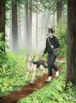  all_fours anthro biohazard biohazard_symbol canine couple dog duo feral forest fox kacey leaf male mammal nature outside plant smile sxe tree walking wood 