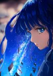  1girl blue_eyes blue_hair closed_mouth commentary_request expressionless from_side hair_focus long_hair looking_at_viewer looking_to_the_side milky_way original sanmen_(threeface_il) shooting_star sideways_glance solo star_(sky) upper_body wispy_bangs 