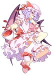  bat_wings bow brooch cup hat highres jewelry kumio looking_at_viewer purple_hair red_eyes remilia_scarlet short_hair simple_background skirt skirt_set smile solo teacup touhou white_background wings wrist_cuffs 