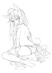 animal_ears bad_id bad_pixiv_id barefoot copyright_request from_behind greyscale long_hair looking_at_viewer looking_back monochrome panties simple_background solo tail topless underwear very_long_hair white_background yuetsuki_(ash) 
