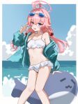  1girl :d absurdres ahoge alternate_eye_color bare_shoulders bikini blue-tinted_eyewear blue_archive blue_eyes blue_jacket blue_sky blush breasts claw_pose day eyewear_on_head fang feet_out_of_frame frilled_bikini frills hair_between_eyes hair_bobbles hair_ornament halo hand_up heterochromia highres hoshino_(blue_archive) hoshino_(swimsuit)_(blue_archive) huge_ahoge inflatable_toy inflatable_whale jacket knees_together_feet_apart long_hair long_sleeves looking_at_viewer low_twintails navel ocean official_alternate_costume official_alternate_hairstyle open_clothes open_jacket open_mouth outdoors pink_hair pink_halo red_eyes skin_fang sky small_breasts smile solo standing stomach sunglasses swimsuit thighs tinted_eyewear twintails white-framed_eyewear white_bikini xiaoxiaoyifan 