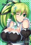  alternate_costume breasts elsword enmaided flower green_background green_eyes green_hair hair_flower hair_ornament large_breasts long_hair maid one_eye_closed pointy_ears ponytail puffy_sleeves rating rena_(elsword) smile solo tsukimi_kirara wind_sneaker_(elsword) 