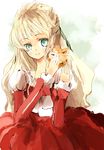  1girl blonde_hair claire_bennett creature dress frills green_eyes long_hair maromi_(am97) tales_of_(series) tales_of_rebirth zapie 