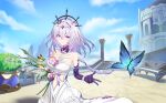  1girl absurdres bare_shoulders black_tiara blue_butterfly blue_sky breasts bug butterfly castorice_(honkai:_star_rail) closed_mouth day dress elbow_gloves gloves hair_between_eyes highres holding honkai:_star_rail honkai_(series) incredibly_absurdres large_breasts long_hair outdoors pointy_ears purple_eyes purple_gloves purple_hair qishier_shi_ya_tuo sidelocks sky smile solo tiara white_dress yellow_butterfly 