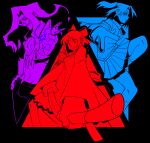  1boy 2girls apron black_pants bow broom collared_shirt electricity electrokinesis evil_grin evil_smile fingernails floating_hair from_side grin hair_bow hidden_weapon highres holding holding_broom japanese_clothes jumping kaikogreen katana kohaku_(tsukihime) long_hair looking_at_viewer maid melty_blood michael_roa_valdamjong monochrome multiple_girls open_clothes open_fly open_shirt pants ribbon school_uniform sharp_fingernails sharp_teeth sheath sheathed shirt skirt smile socks sword teeth tsukihime twintails vampire vest wavy_hair weapon yumizuka_satsuki 