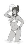  armlet avatar_(series) ball bikini blush breasts dark_skin drawfag greyscale hair_tubes korra long_hair medium_breasts monochrome ponytail side-tie_bikini solo swimsuit the_legend_of_korra toned topknot 