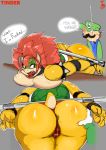  anus big_breasts big_butt bowser breasts butt clothing crossgender dialogue female human koopa larger_female luigi male male/female mammal mario_bros nintendo scalie size_difference smaller_male spread_butt spreader_bar spreading sweat tallyburd thong video_games 