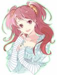  bad_id bad_pixiv_id collarbone colored_eyelashes earrings face floral_print flower hair_flower hair_ornament highres jewelry kujikawa_rise long_hair long_sleeves looking_at_viewer nail_polish open_mouth outline persona persona_4 puffy_sleeves red_eyes red_hair ring simple_background smile solo striped twintails upper_body white_background yoshida_morohe 