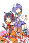  animal_ears aqua_eyes attsun_(atsushi_jb) bell bell_collar black_hair bow candy candy_cane cat_ears cat_paws cat_tail collar elbow_gloves food gloves hair_bow halloween heterochromia holding holding_lollipop jack-o'-lantern lollipop looking_at_viewer multicolored multicolored_clothes multicolored_legwear multiple_girls original ornament paw_gloves paws purple_eyes purple_hair sitting striped striped_legwear tail tail_bell thighhighs 