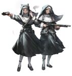  2girls absurdres black_dress black_shoes black_veil capelet cigarette closed_mouth commentary dress english_commentary eyepatch franlol full_body gun highres holding holding_gun holding_weapon long_sleeves multiple_girls original outstretched_arm parted_lips red_eyes shoes simple_background socks standing veil weapon white_background white_capelet white_socks 