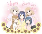  :d blonde_hair blue_hair braid brown_eyes brown_hair casual clenched_hand closed_eyes collarbone eyebrows flower furutani_himawari furutani_kaede hair_flower hair_ornament hairband hairclip long_hair multiple_girls naraba_yueni oomuro_hanako oomuro_nadeshiko oomuro_sakurako open_mouth short_hair siblings sisters smile sunflower twin_braids v v-shaped_eyebrows yuru_yuri 