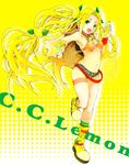  armpits bikini_top blonde_hair boots c.c._lemon c.c._lemon_(character) food fruit fulunukko green_eyes hair_ornament highres jewelry lemon navel necklace open_mouth short_shorts shorts solo 