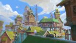  bird blue_sky cat cloud cloudy_sky flamingo frogjem gazebo highres house ocean original plant platform scenery seagull shelter sky stairs tower town vines water wooden_floor wooden_wall 