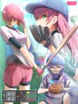  3girls absurdres adjusting_clothes adjusting_headwear aikawa_megumi alternate_costume baseball baseball_bat baseball_cap baseball_mitt baseball_uniform bike_shorts bike_shorts_under_shorts blonde_hair blowing_bubbles breasts brown_hair chewing_gum elbow_pads gloves green_eyes hair_between_eyes hat heaven_burns_red helmet highres holding holding_baseball_bat izumi_yuki_(heaven_burns_red) kayamori_ruka knee_pads long_hair looking_at_viewer multiple_girls outdoors pink_gloves pink_hair pink_shorts psy_(artist) purple_hair red_eyes shirt short_hair short_sleeves shorts sportswear squatting sweat towel towel_around_neck virtual_youtuber white_shirt 