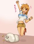  1girl ;d bag bracelet breasts brown_eyes chibi female gold happy jewelry jump jumping large_breasts momo_765 nami nami_(one_piece) one_eye_closed one_piece open_mouth orange_hair panties smile underwear wink 