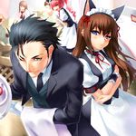  2girls akiha_rumiho animal_ears black_hair blue_eyes blush brown_hair cat_ears crossed_arms hairband long_hair maid makise_kurisu multiple_girls okabe_rintarou one_eye_closed steins;gate wrist_cuffs zen 