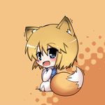  animal_ears blonde_hair blue_eyes blush chibi dekasudachin dress fang fox_ears fox_tail looking_at_viewer looking_back no_hat no_headwear open_mouth pink_dress short_hair sitting smile solo tabard tail touhou yakumo_ran younger 