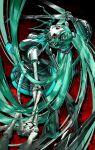  3_fingers arthropod black_bottomwear black_clothing black_skirt bone bottomwear breasts calne_ca carrying_another clothed clothing cosplay crazy_eyes crustacean dg3fd digital_drawing_(artwork) digital_media_(artwork) duo electronics female feral fingers hair hatsune_miku headphones heterochromia hi_res horror_(theme) humanoid isopod long_hair looking_at_viewer machine malacostracan mechanical_arm mechanical_leg medium_breasts metal nato-kun necktie not_furry_focus on_head open_clothing open_shirt open_topwear pleated_skirt red_background red_eyes robot robot_humanoid scary shirt simple_background skeletal_arm skirt teal_hair teal_necktie topwear twintails_(hairstyle) vocaloid wire 