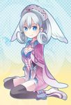  blue_eyes cape gloves haruse_hiroki hat head_wings melia silver_hair sitting smile solo thighhighs wariza xenoblade_(series) xenoblade_1 zoom_layer 
