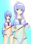  bikini breasts cleavage gradient gradient_background hairband highres holding kenken light_blue_hair long_hair medium_breasts navel quiz_magic_academy red_eyes satsuki_(quiz_magic_academy) see-through smile solo swimsuit wand zoom_layer 