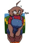  2023 anthro avian beak big_breasts bird blue_clothing blue_overalls breasts brown_body brown_hair chicken clothed clothed_female clothing corn digital_drawing_(artwork) digital_media_(artwork) female female_anthro food galliform gallus_(genus) hair non-mammal_breasts overalls petra_(xarop77) phasianid plant portrait red_clothing red_shirt red_topwear shirt solo text three-quarter_portrait topwear xarop77 